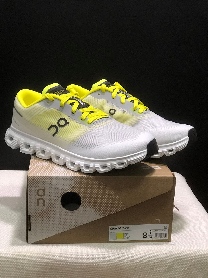 On Cloud 6 Push Sneakers in White and Yellow - product image from the listing.