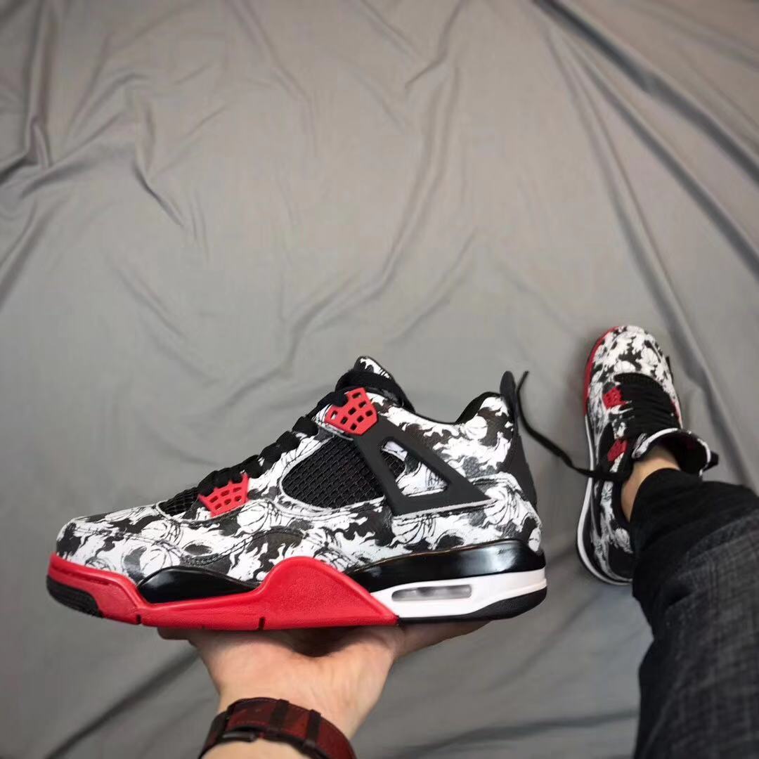Air Jordan 4 Tattoo Black White Red Sneakers - product image from the listing.
