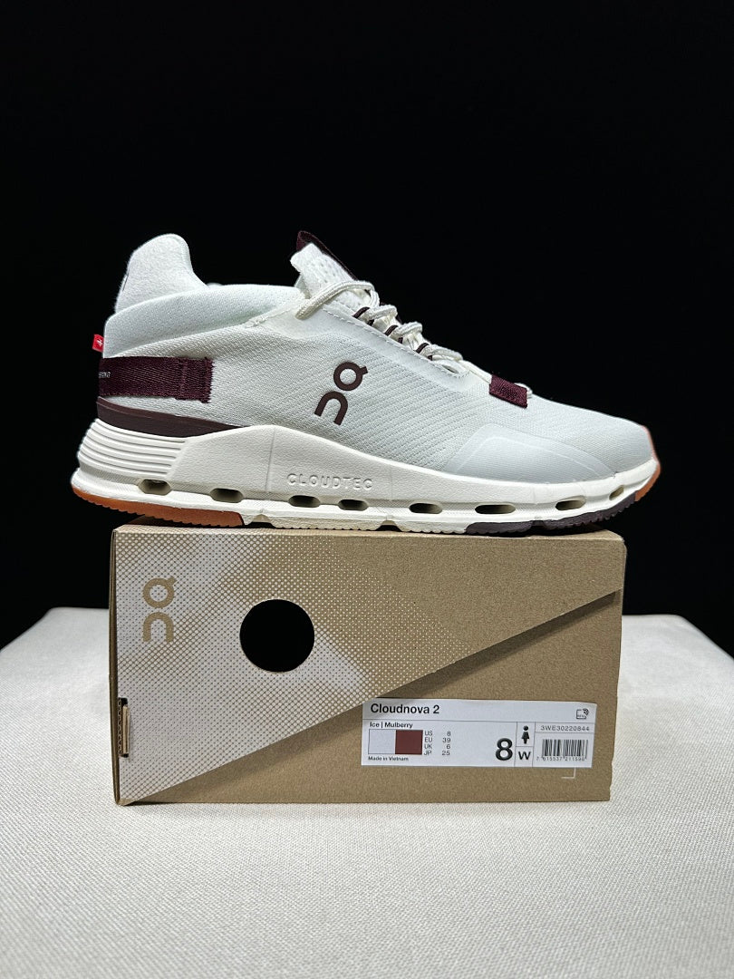 On Cloudnova 2 Sneakers, in White and Burgundy - product image from the listing.