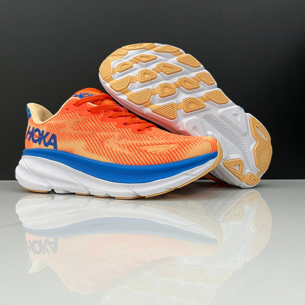 HOKA Clifton 9 Running Shoes, in Orange and Blue - product image from the listing.