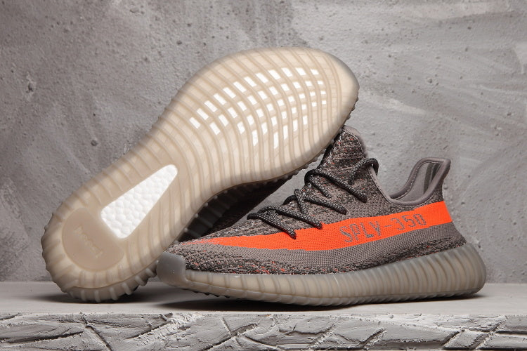 Charcoal and Bright Orange Yeezy 350 V2 Sneakers - product image from the listing.
