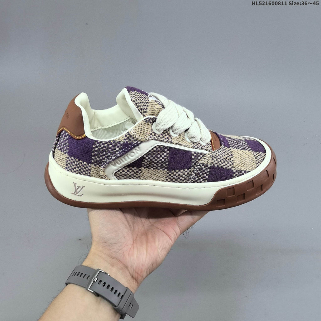 Louis Vuitton Trainer Low Trainers in Purple and Beige Check - product image from the listing.