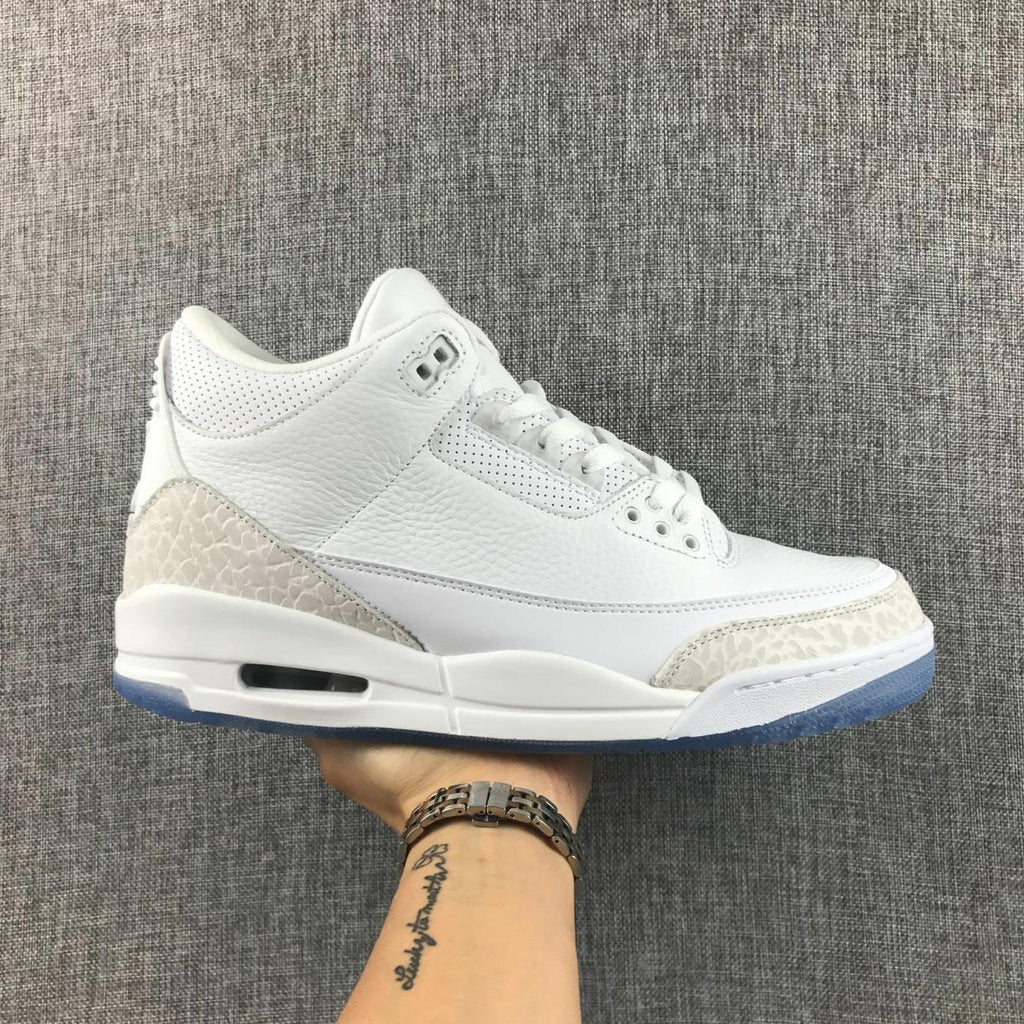 White Cement Sneakers with Blue Translucent Sole - Jordan 3 - product image from the listing.