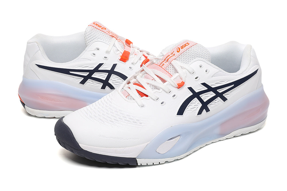 ASICS White and Orange Court Trainers - product image from the listing.