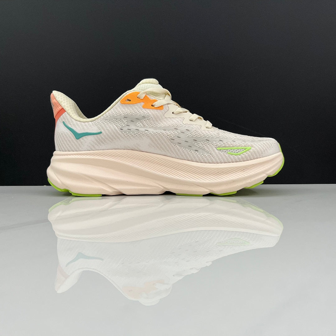 Cream and Green HOKA Clifton 9 Running Shoes - product image from the listing.