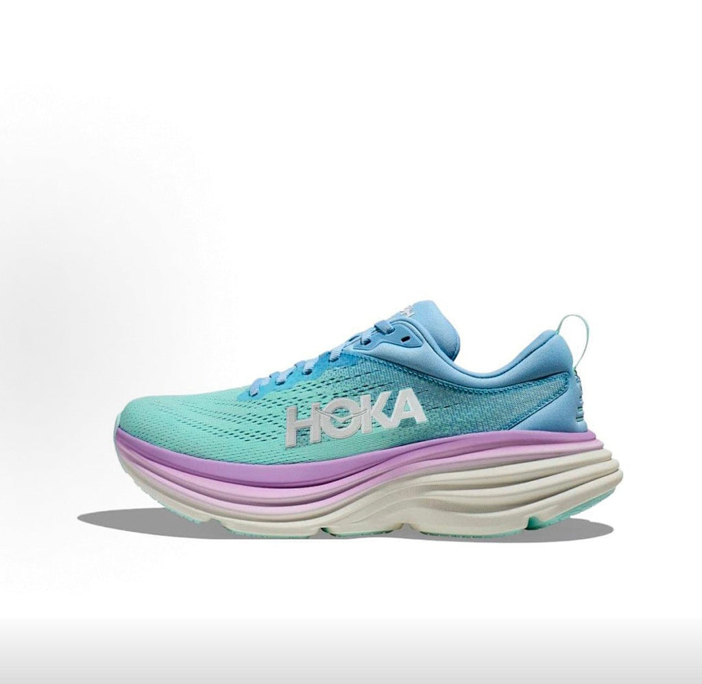 HOKA Bondi 8 Running Shoes in Blue, in Mint and Purple - product image from the listing.
