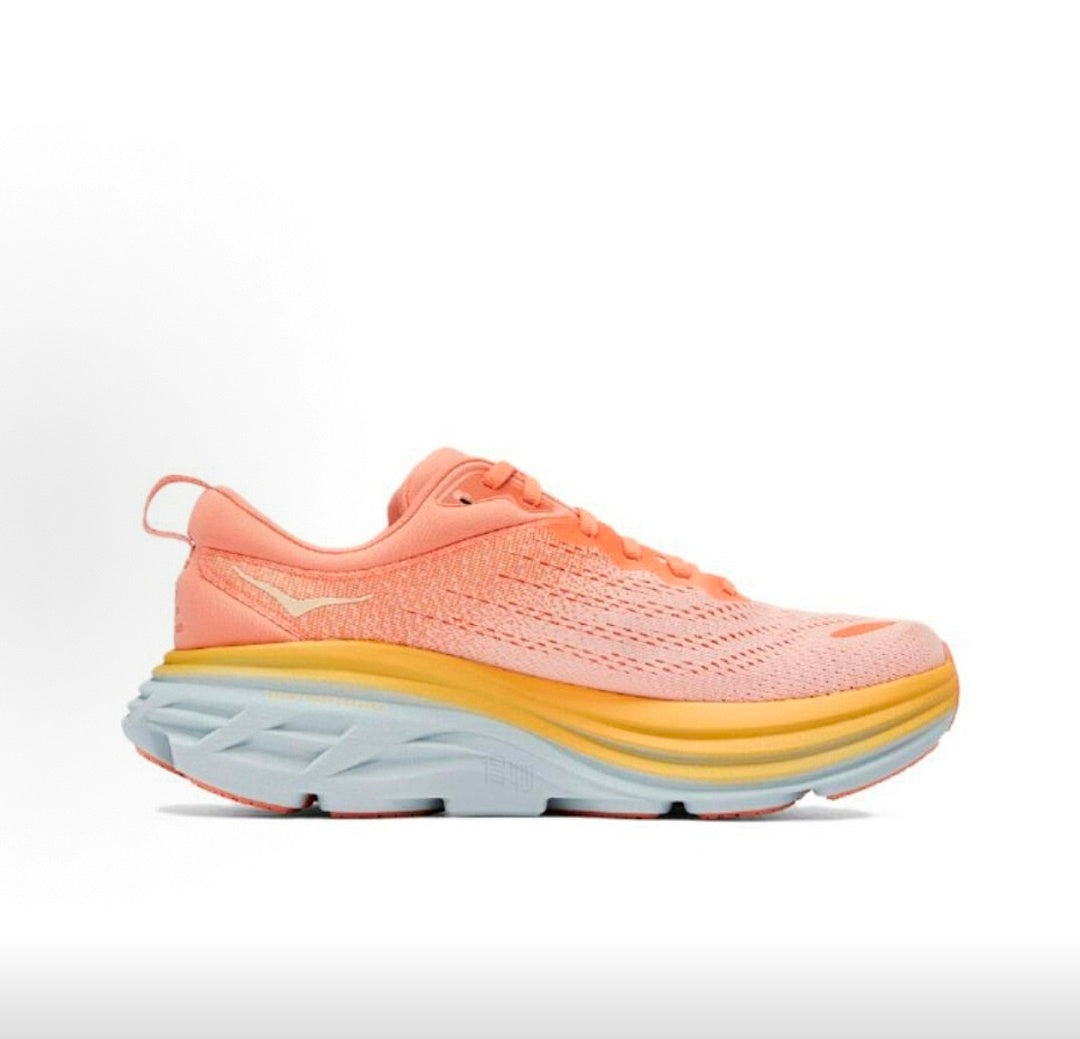 Pink and Orange HOKA Bondi 8 Running Sneakers - product image from the listing.