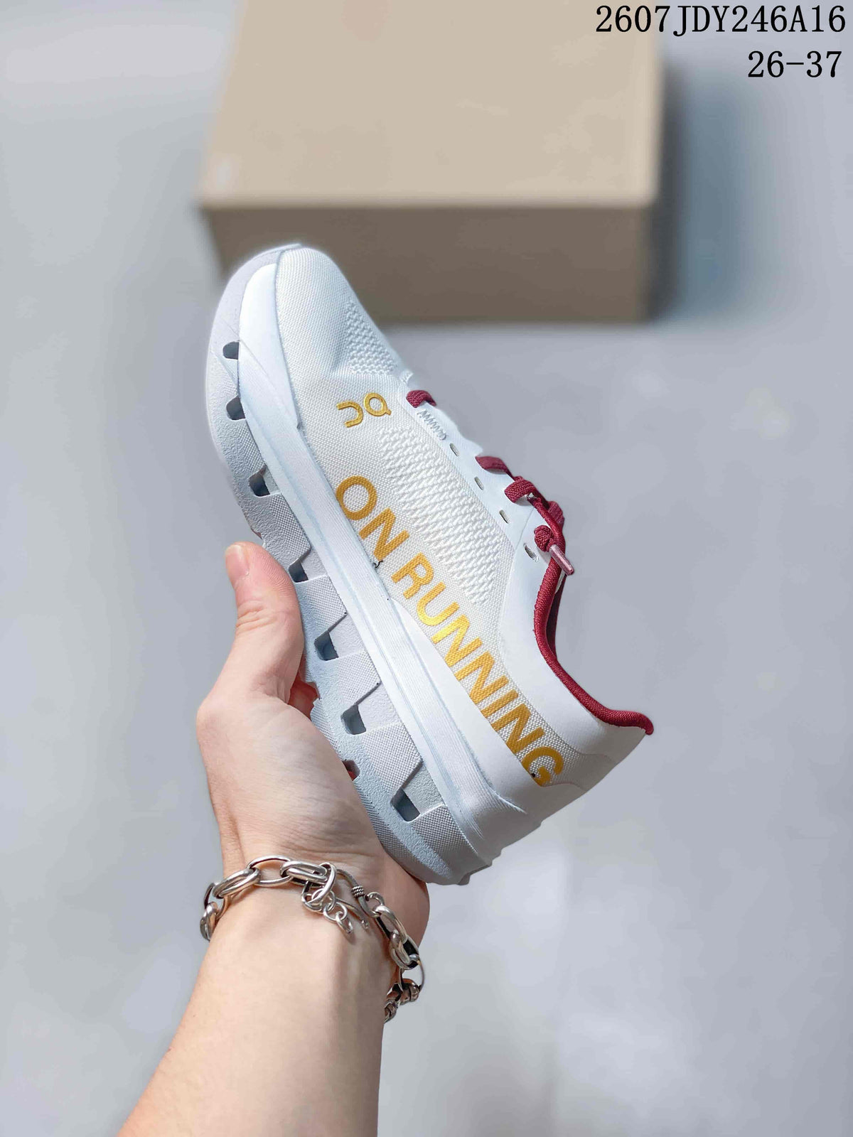 On Cloudstratus 3 Kids' Running Shoes in White Burgundy Yellow - product image from the listing.