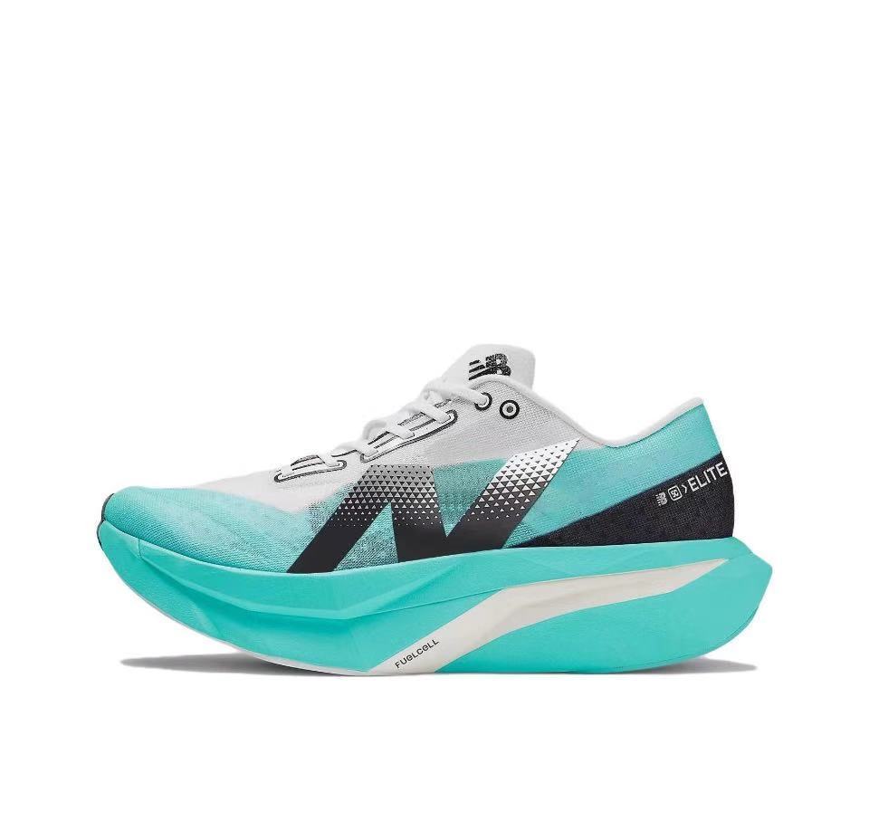 New Balance FuelCell Elite Running Shoes, in White and Turquoise - product image from the listing.