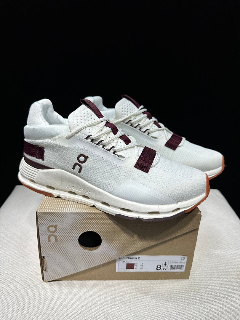 On Cloudnova 2 Sneakers, in White and Burgundy - product image from the listing.