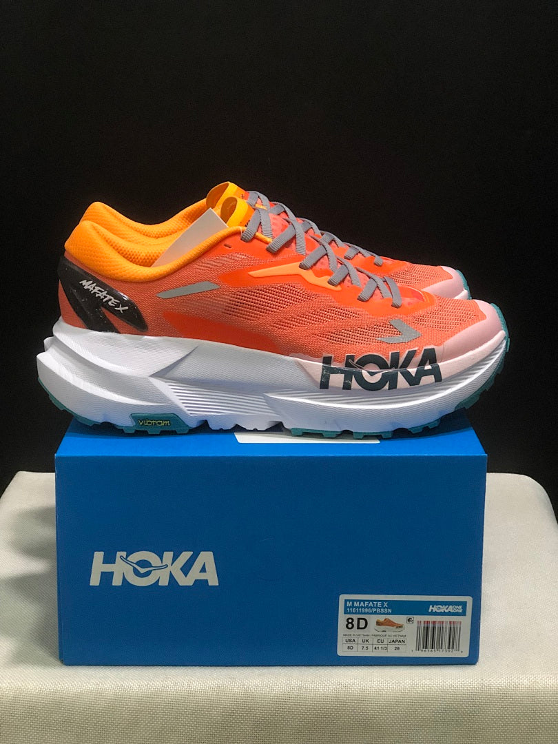 Orange HOKA Mafate X Trail Running Shoes - product image from the listing.