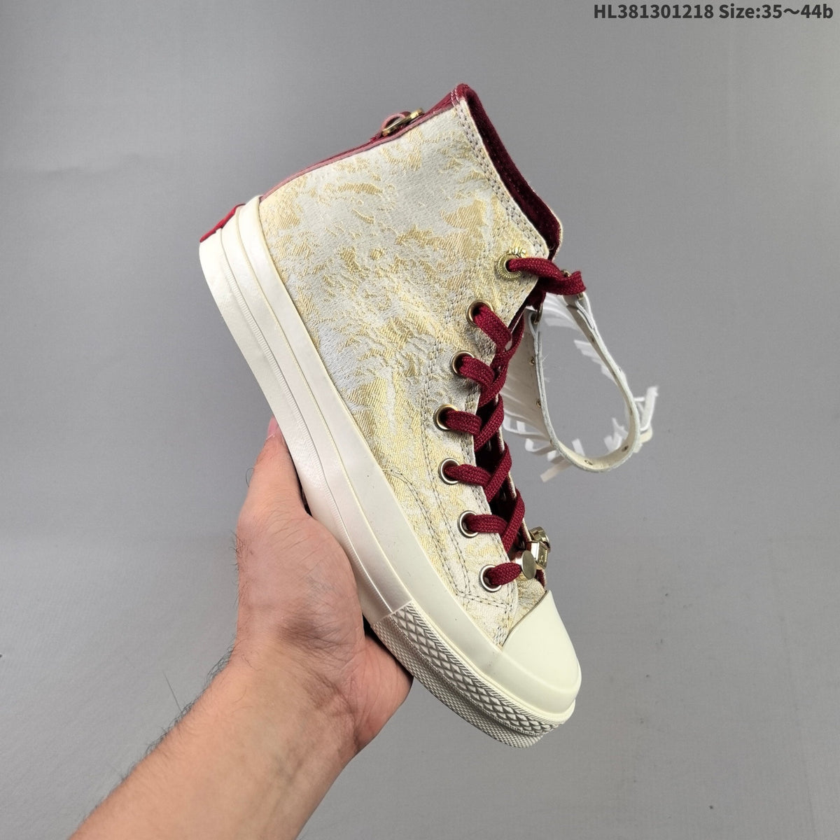 Converse Chuck 70 High-Top Sneakers, in Gold and Burgundy - product image from the listing.