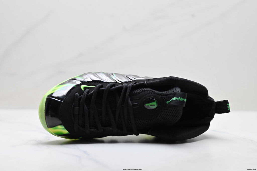 Nike Penny Hardaway Foamposite Sneakers, in Black and Volt Green - product image from the listing.