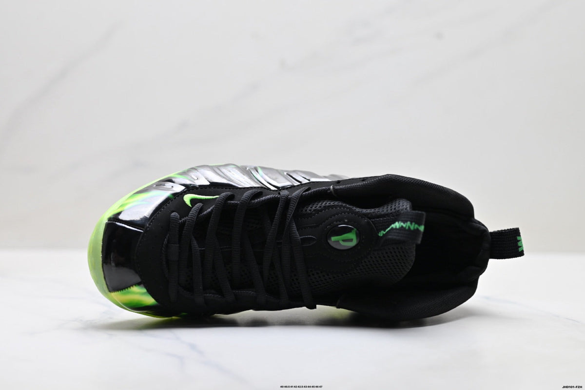 Nike Penny Hardaway Foamposite Sneakers, in Black and Volt Green - product image from the listing.