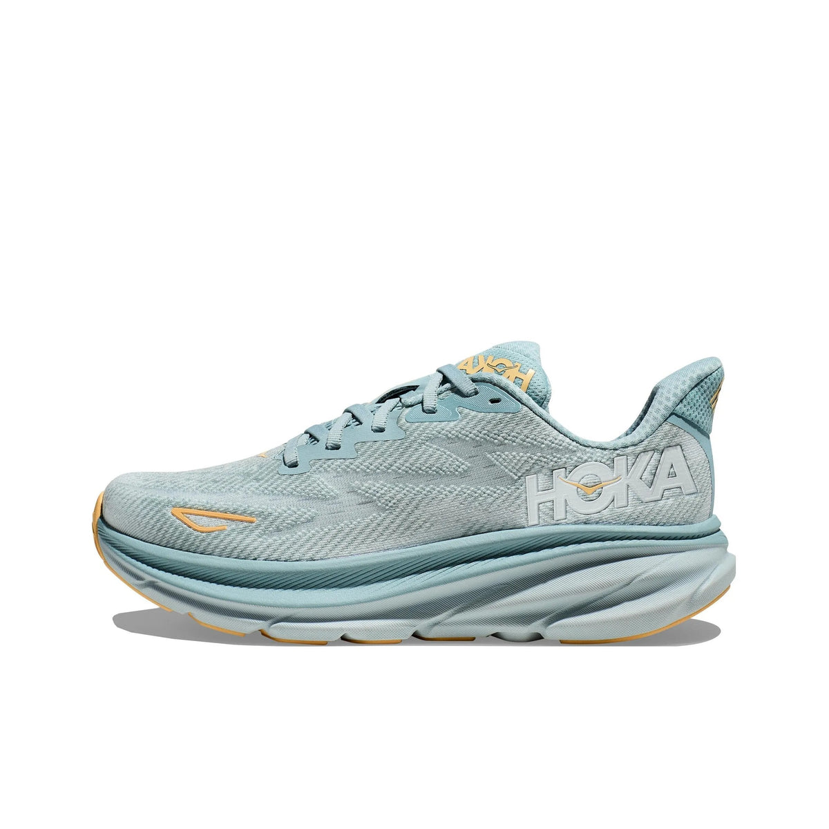 HOKA Clifton 9 Running Shoes in Mint and Yellow - product image from the listing.