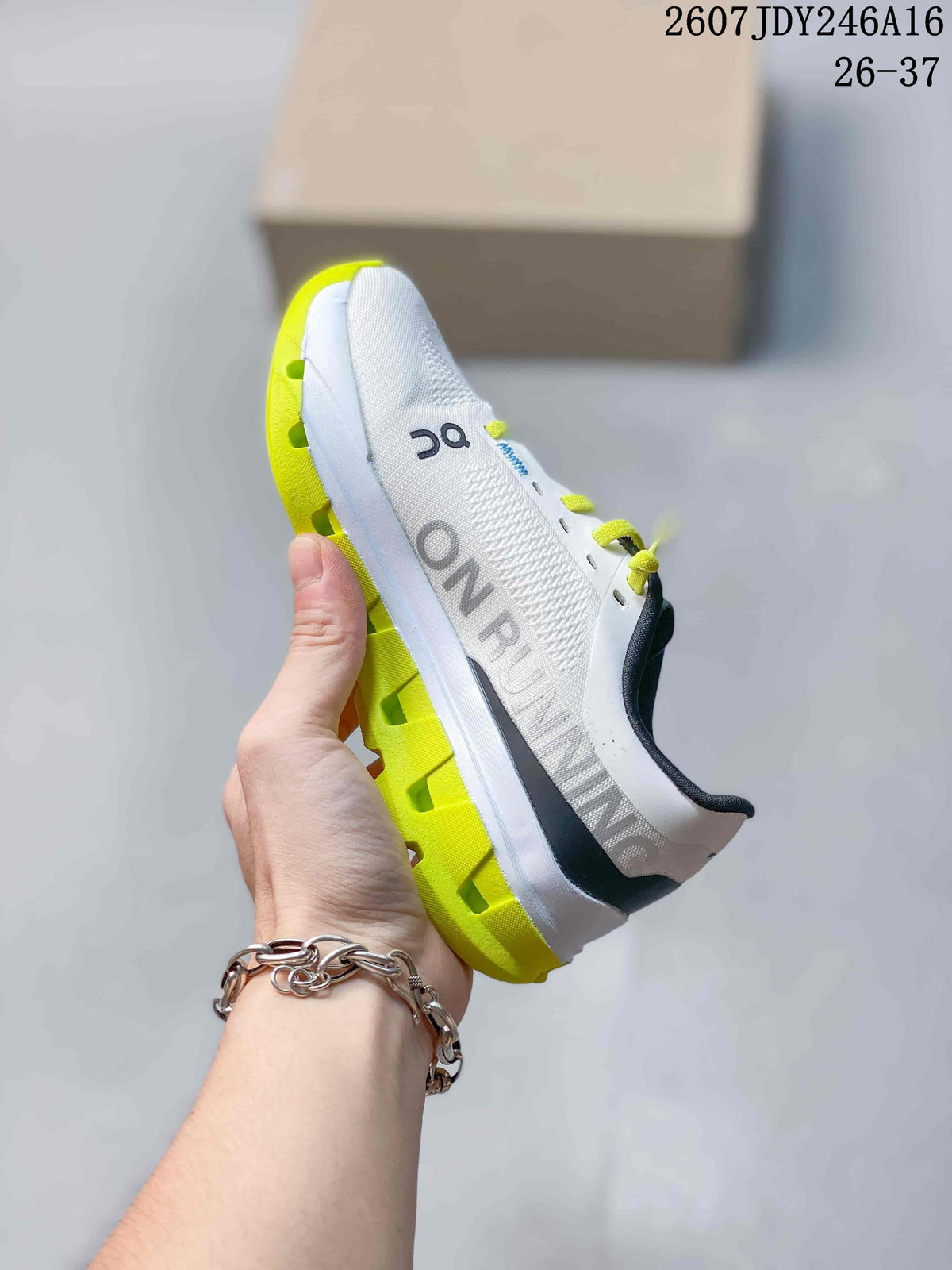 On Cloudstratus 3 Kids' Running Shoes in White and Lime - product image from the listing.