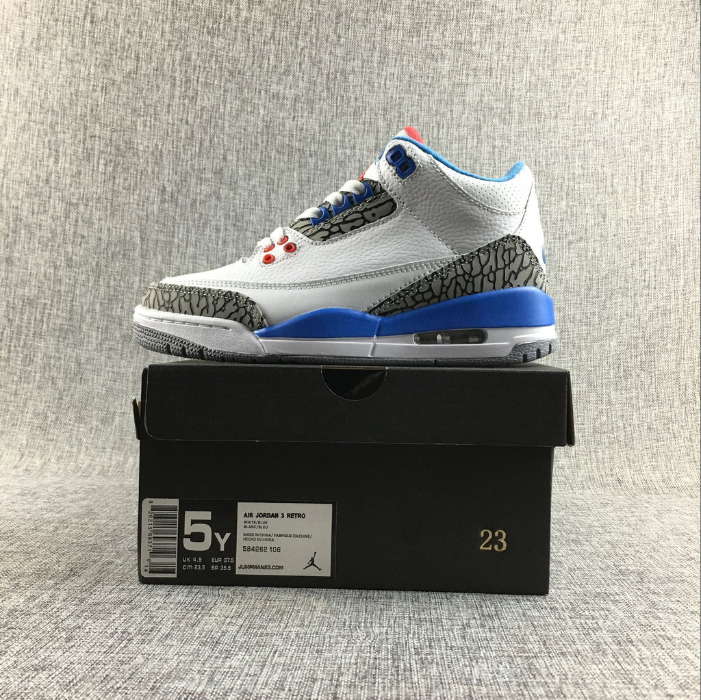 Women's Air Jordan 3 Retro White and Blue Sneakers - product image from the listing.
