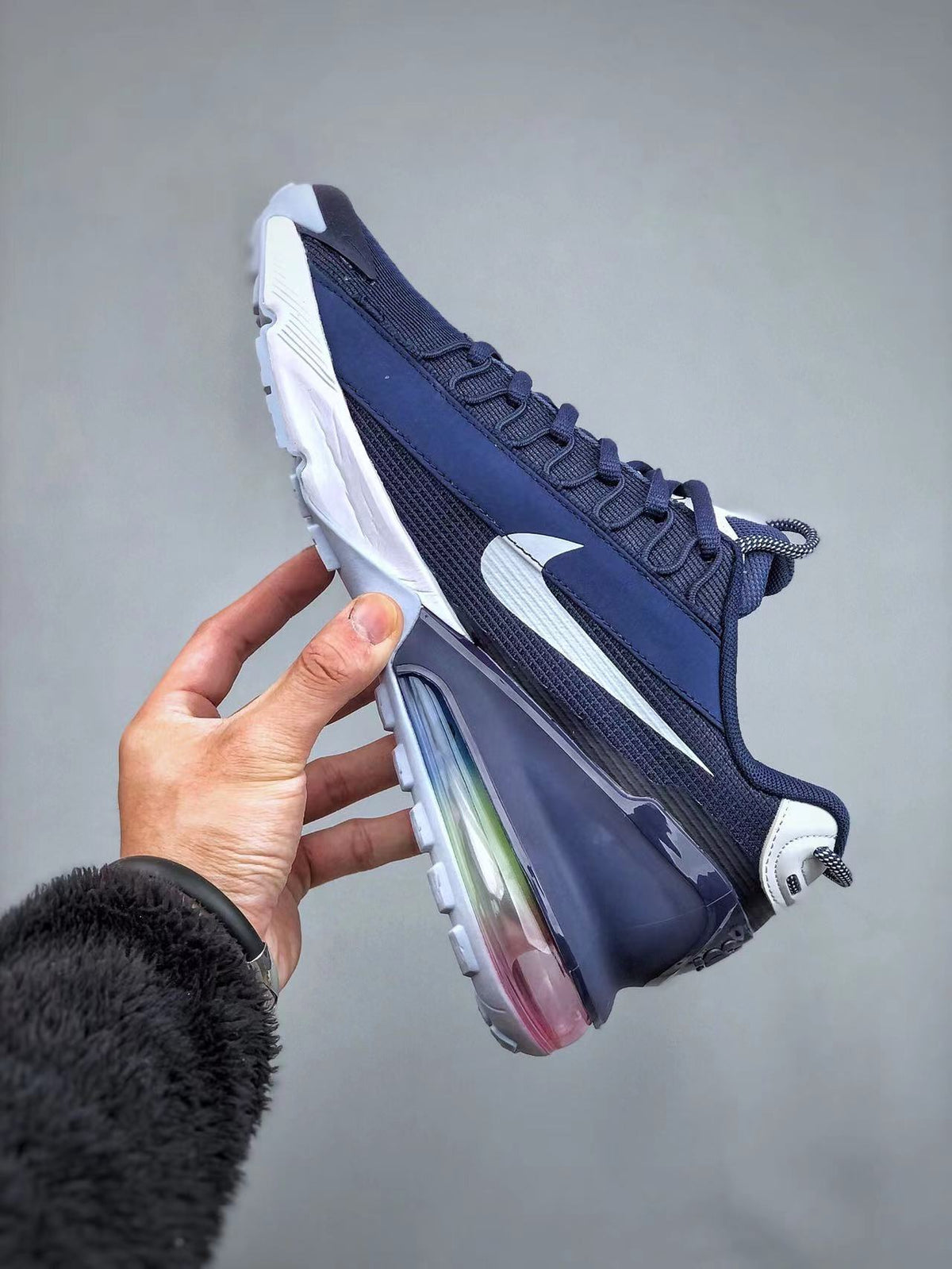 Navy and White Nike Air Max 270 React Sneakers - product image from the listing.