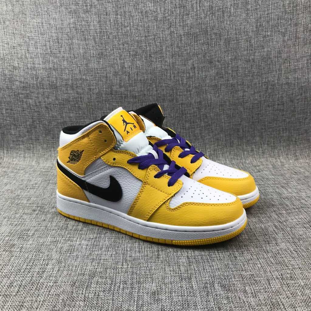 Air Jordan 1 Mid Lakers Sneakers in Yellow and Purple BQ6931-700 - product image from the listing.