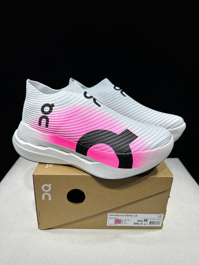 On Cloudboom Strike LS Running Sneakers in White/Pink - product image from the listing.