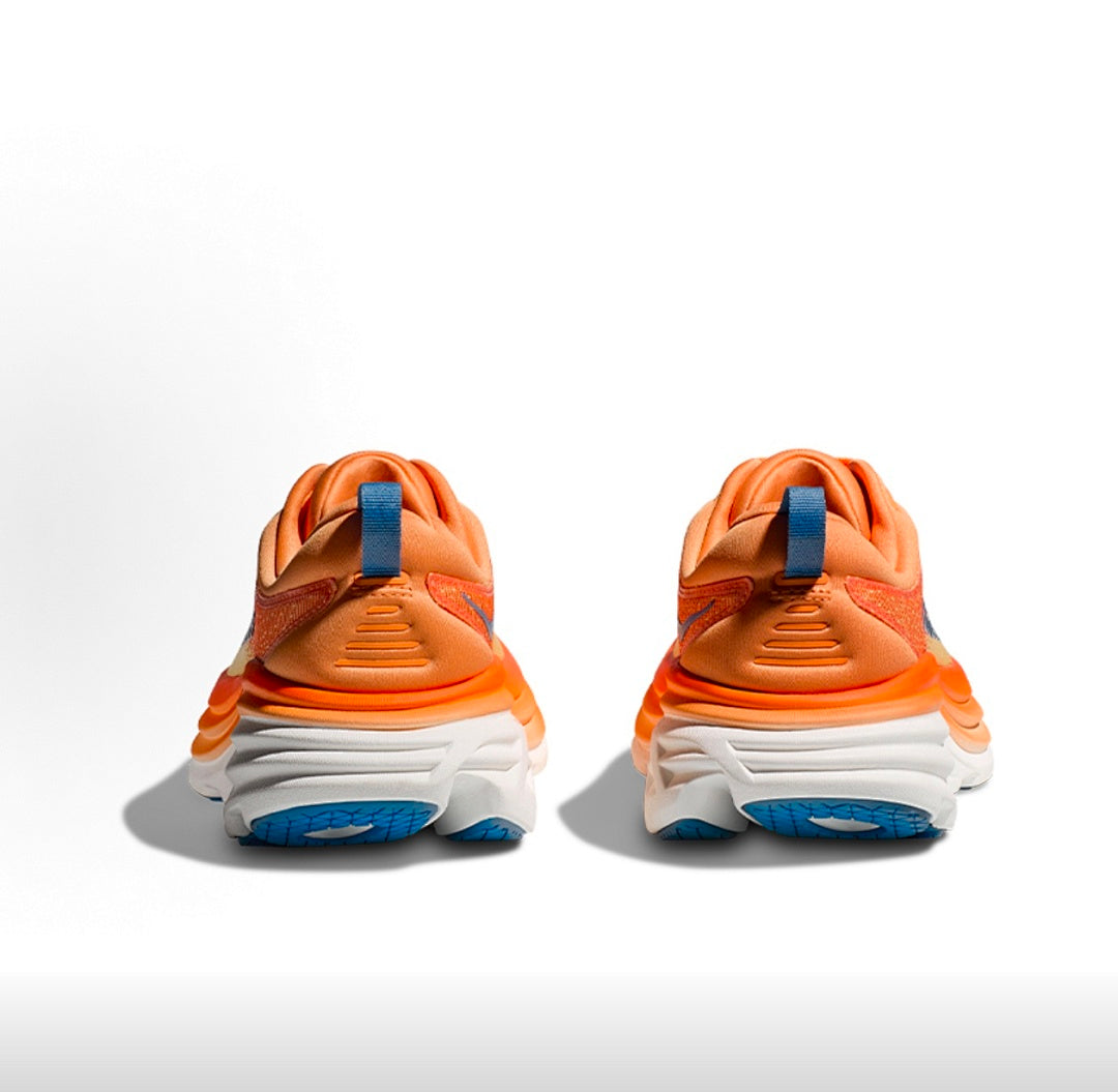 Orange and Blue HOKA Bondi 8 Running Shoes - product image from the listing.