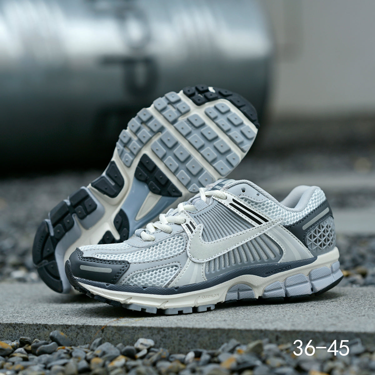 Light Gray and Navy Nike Air Zoom Vomero 5 Sneakers - product image from the listing.