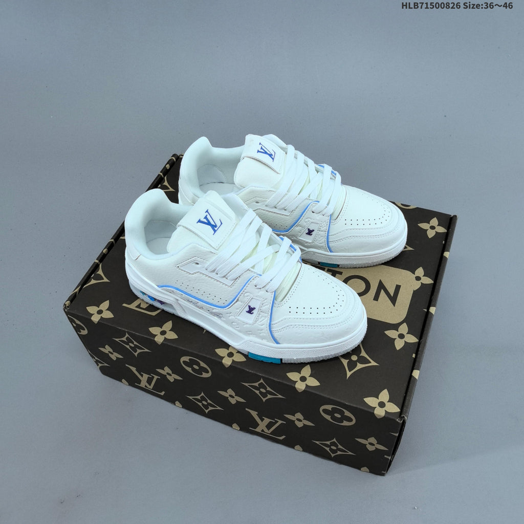 Louis Vuitton White Low-Cut Sneakers with Blue Accents - product image from the listing.