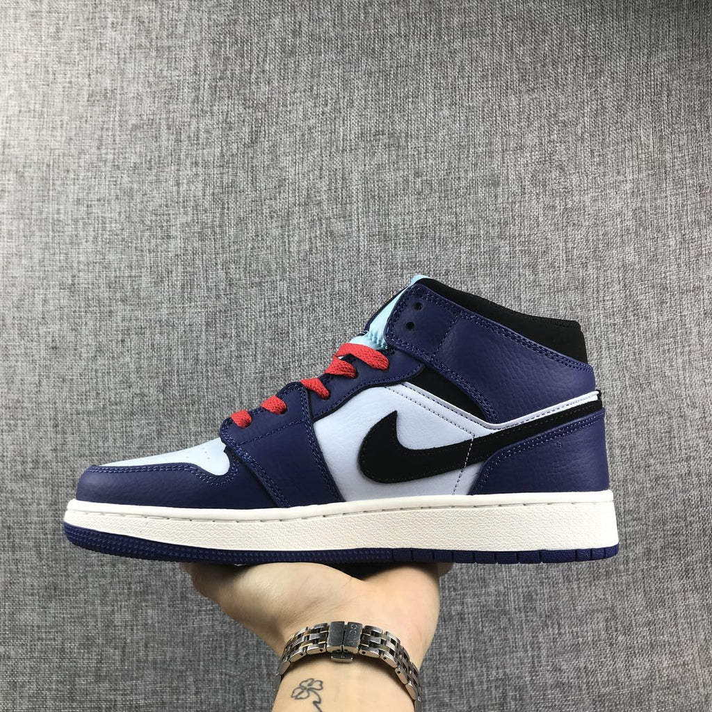 Air Jordan 1 Mid White, Sneakers in Black and Purple - product image from the listing.