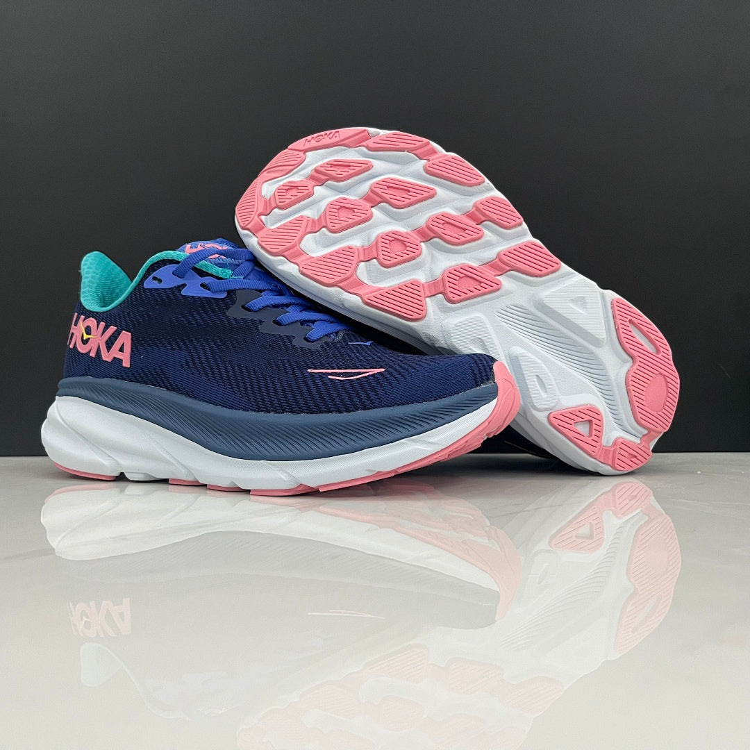 Navy and Light Blue HOKA Clifton 9 Running Shoes - product image from the listing.