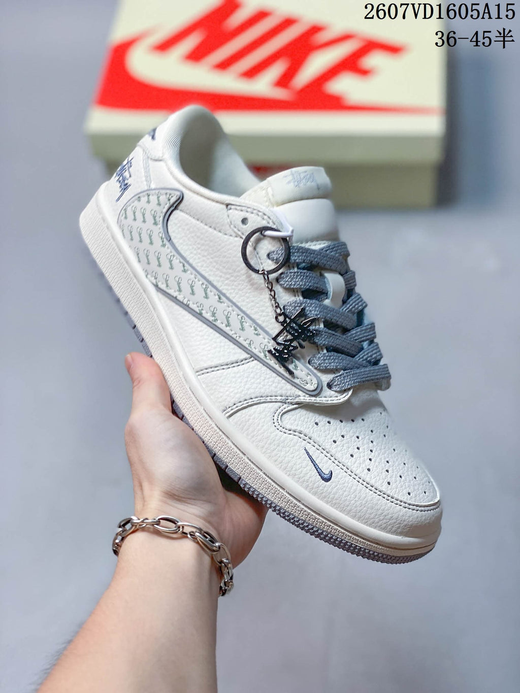 Nike SB Dunk Low LV-Pattern Sneakers in White Grey - product image from the listing.