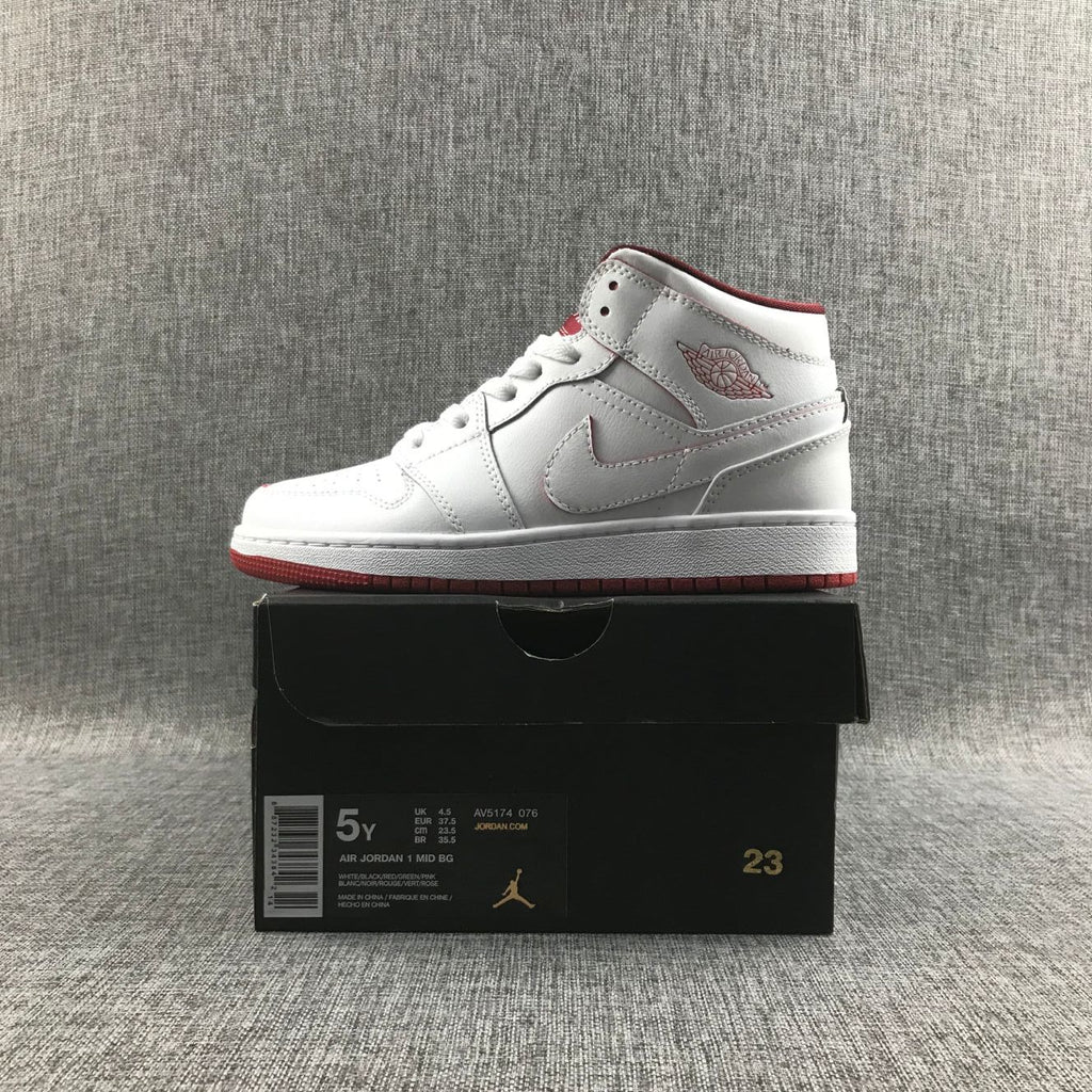 Air Jordan 1 Mid Sneakers in White and Red 554725-103 - product image from the listing.