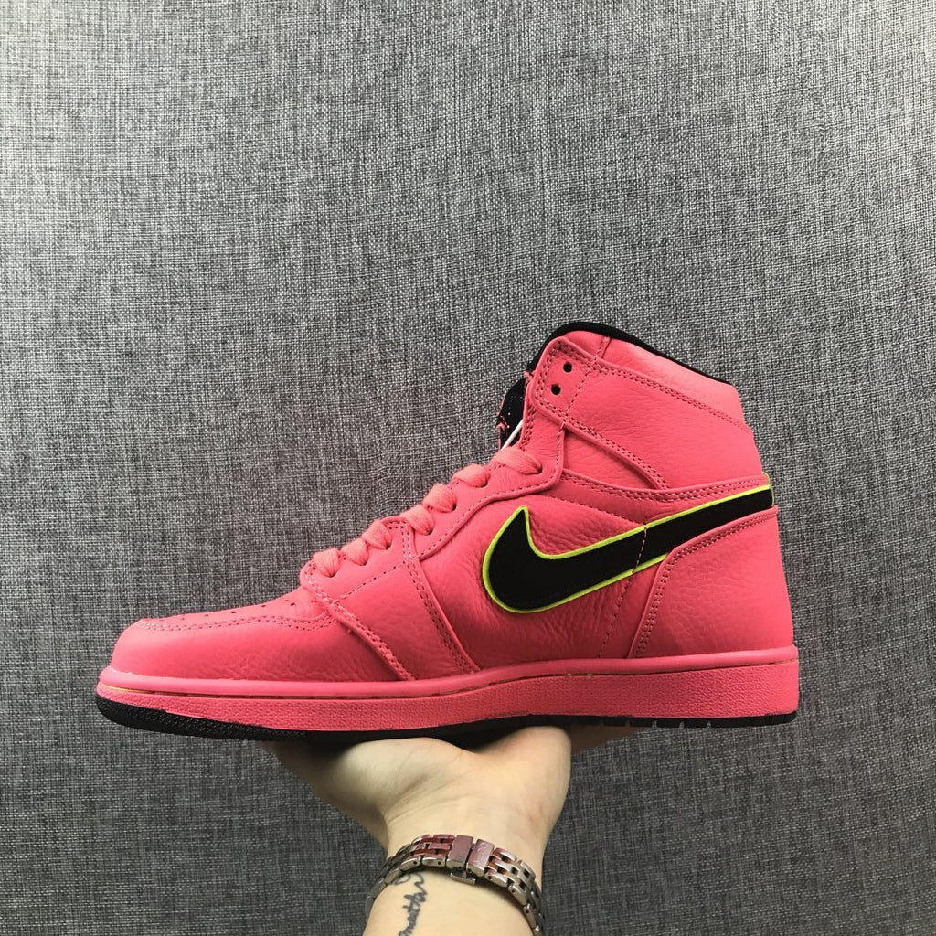 Air Jordan 1 Mid Sneakers in Pink Black Volt AQ9131-600 - product image from the listing.