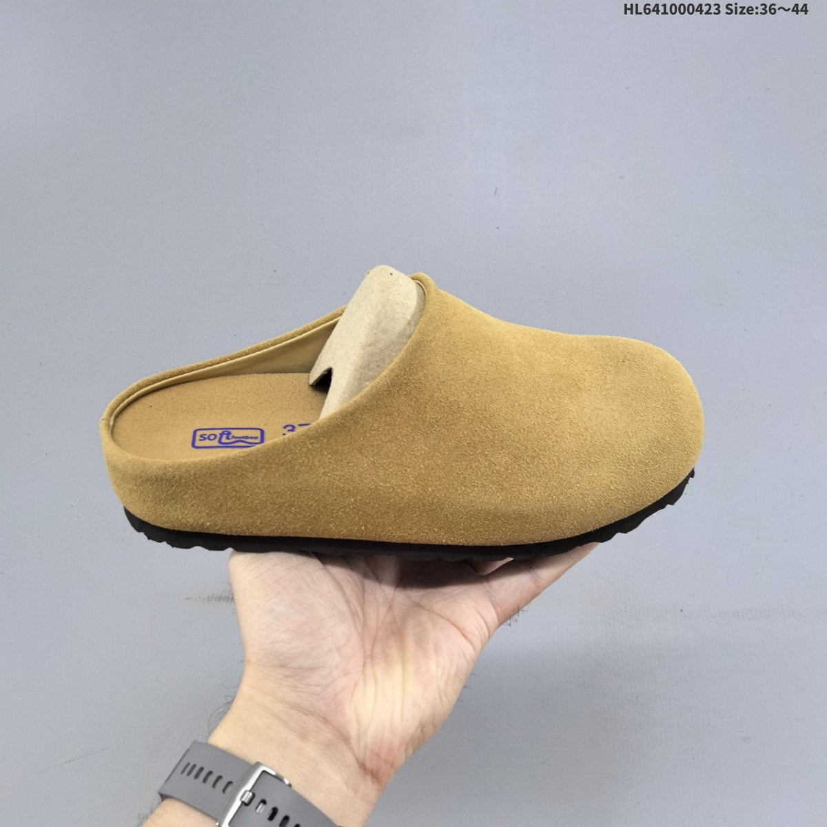 Birkenstock Suede Clog Mule in Tan or in Cream - product image from the listing.