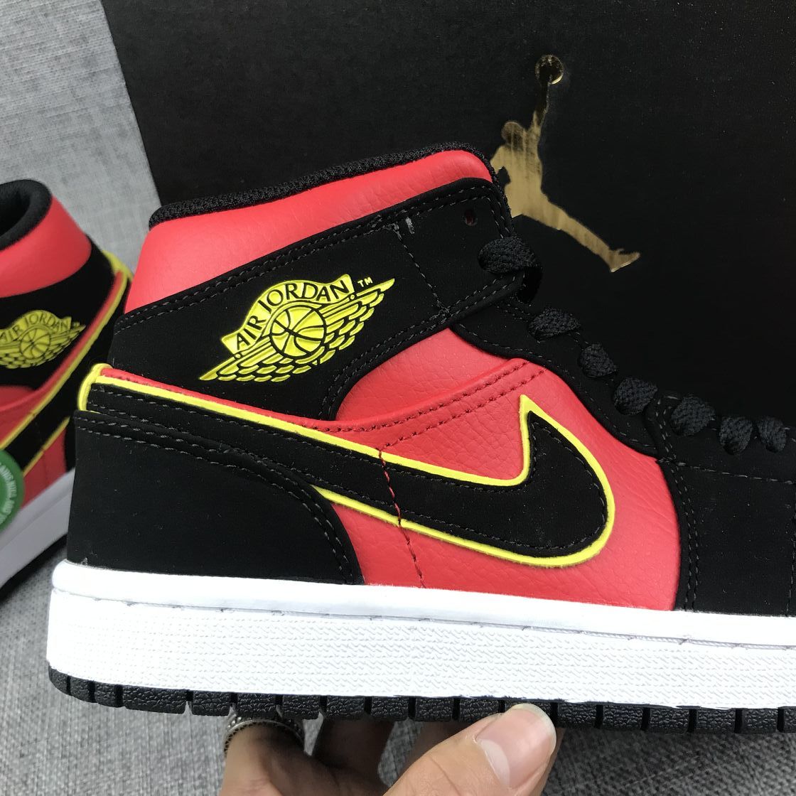 Air Jordan 1 Mid Black, Sneakers in Red and Volt - product image from the listing.
