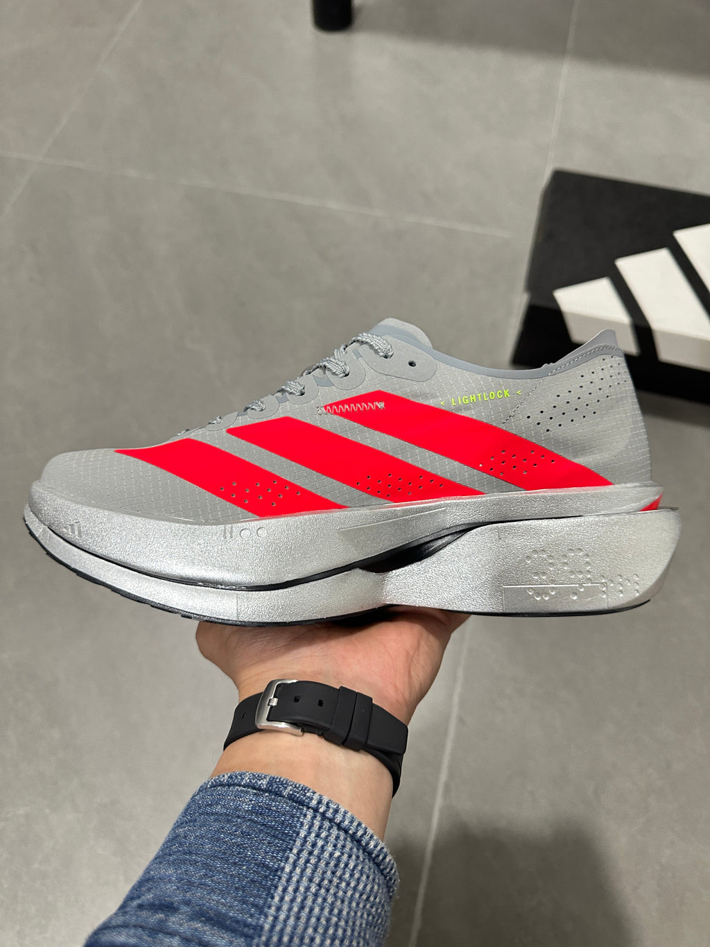 adidas Adizero Adios Pro 5 Running Shoes in Grey Red - product image from the listing.