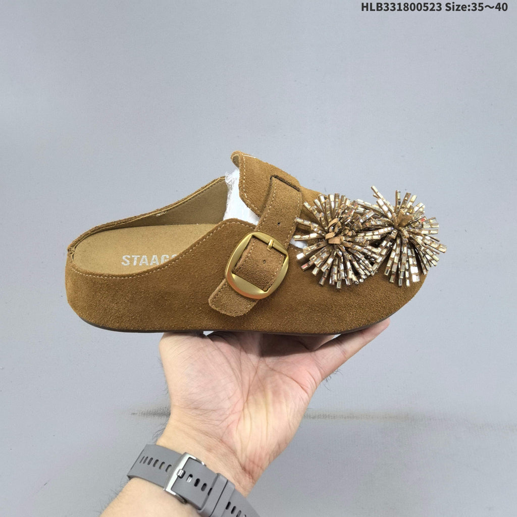 Brown Embellished Backless Slip-On Clogs with Buckle - product image from the listing.