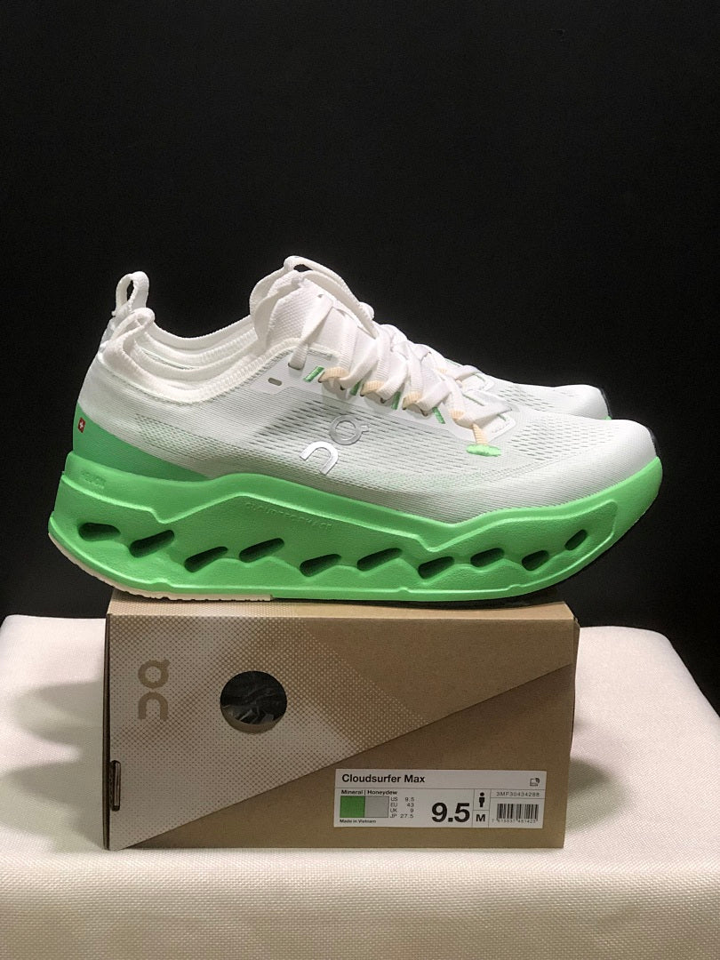 On Cloudsurfer Max Running Shoes in White Green - product image from the listing.