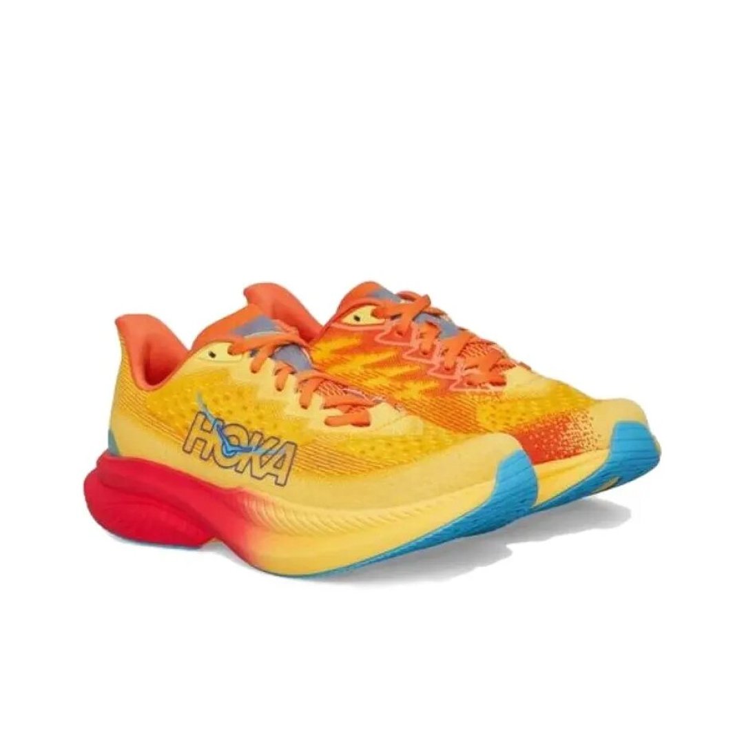 Yellow and Coral HOKA Mach 6 Running Shoes - product image from the listing.