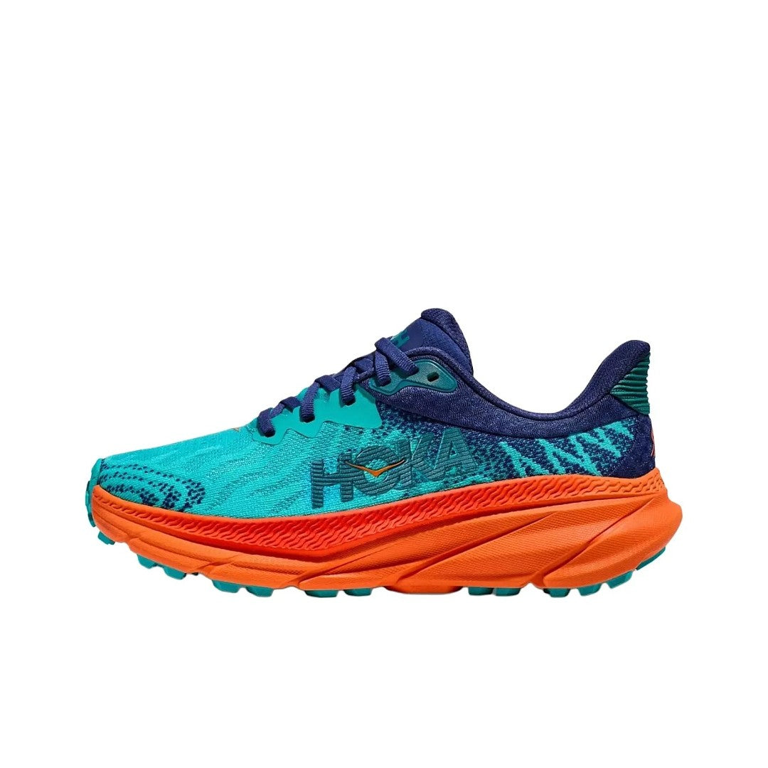 HOKA Challenger 7 Trail Running Shoes in Turquoise and Orange - product image from the listing.