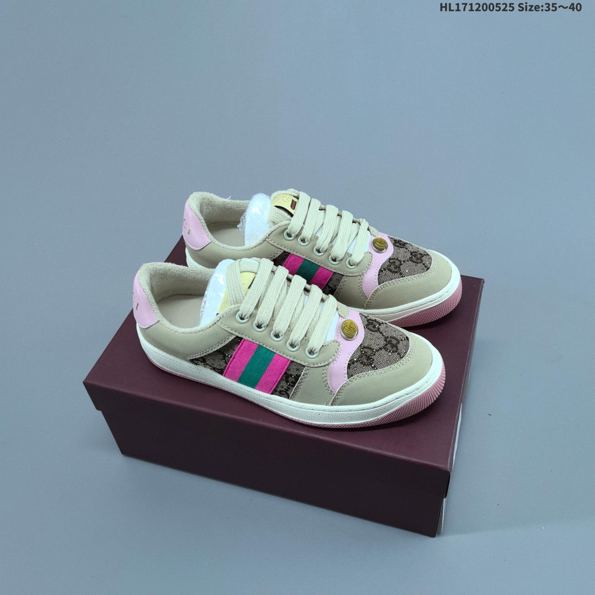 Gucci Screener Distressed Low-Top Sneakers in Beige Pink Green - product image from the listing.