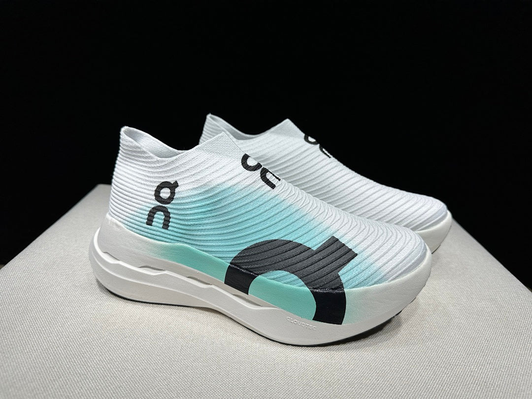On Cloudboom Strike LS Running Shoes in White Light Green - product image from the listing.