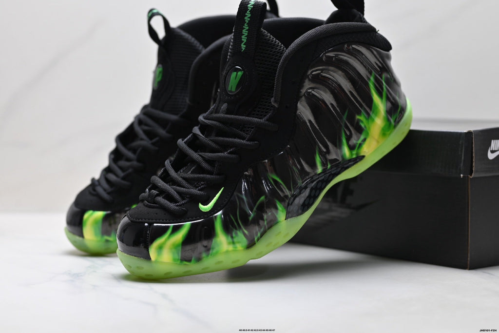 Nike Penny Hardaway Foamposite Sneakers, in Black and Volt Green - product image from the listing.