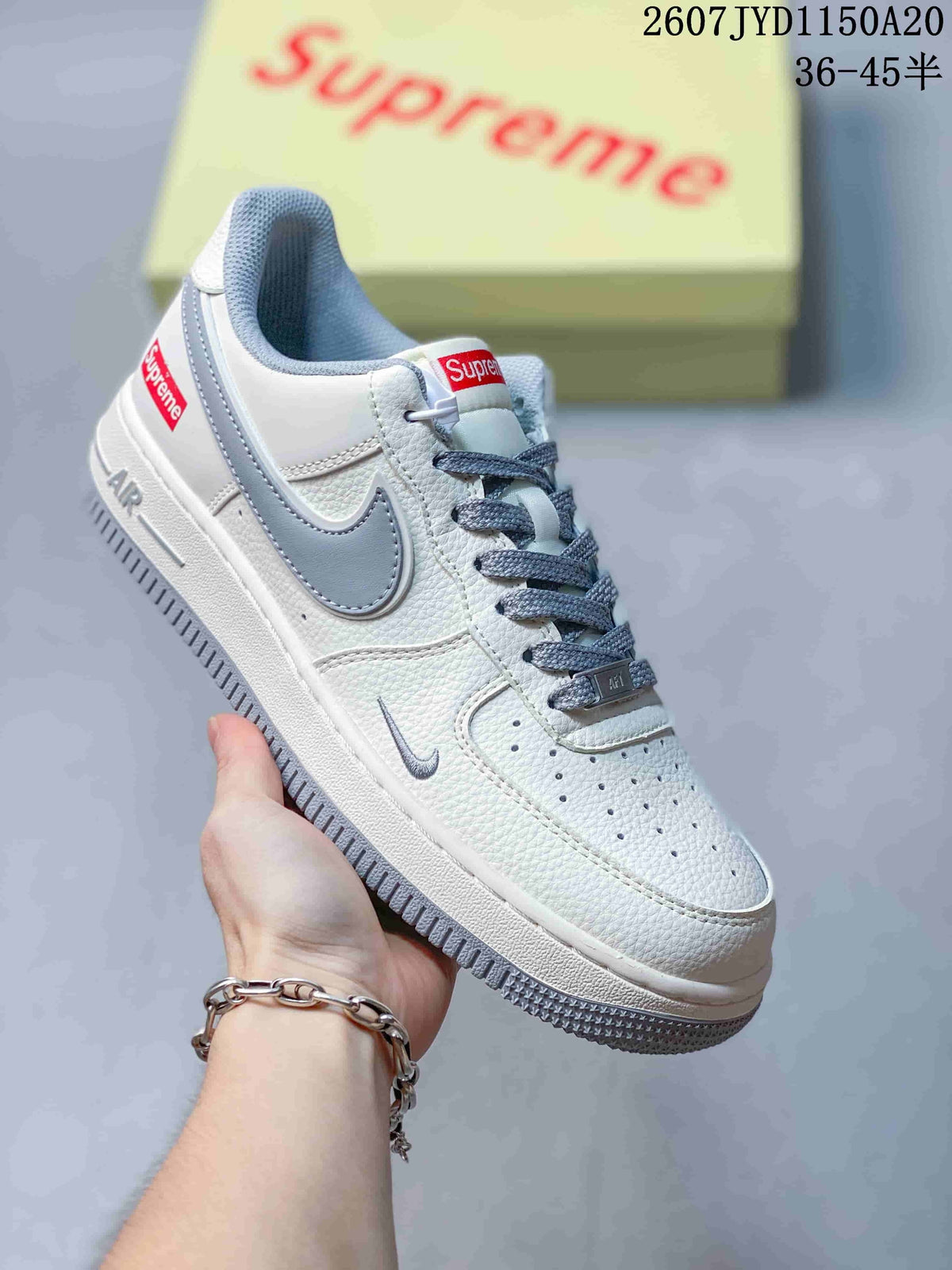 Nike Air Force 1 '07 Low White Grey Supreme Logo Trainers - product image from the listing.