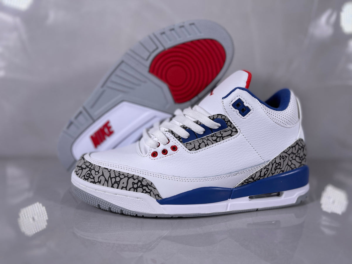 White Blue Elephant Print Sneakers - Nike Air Jordan 3 - product image from the listing.