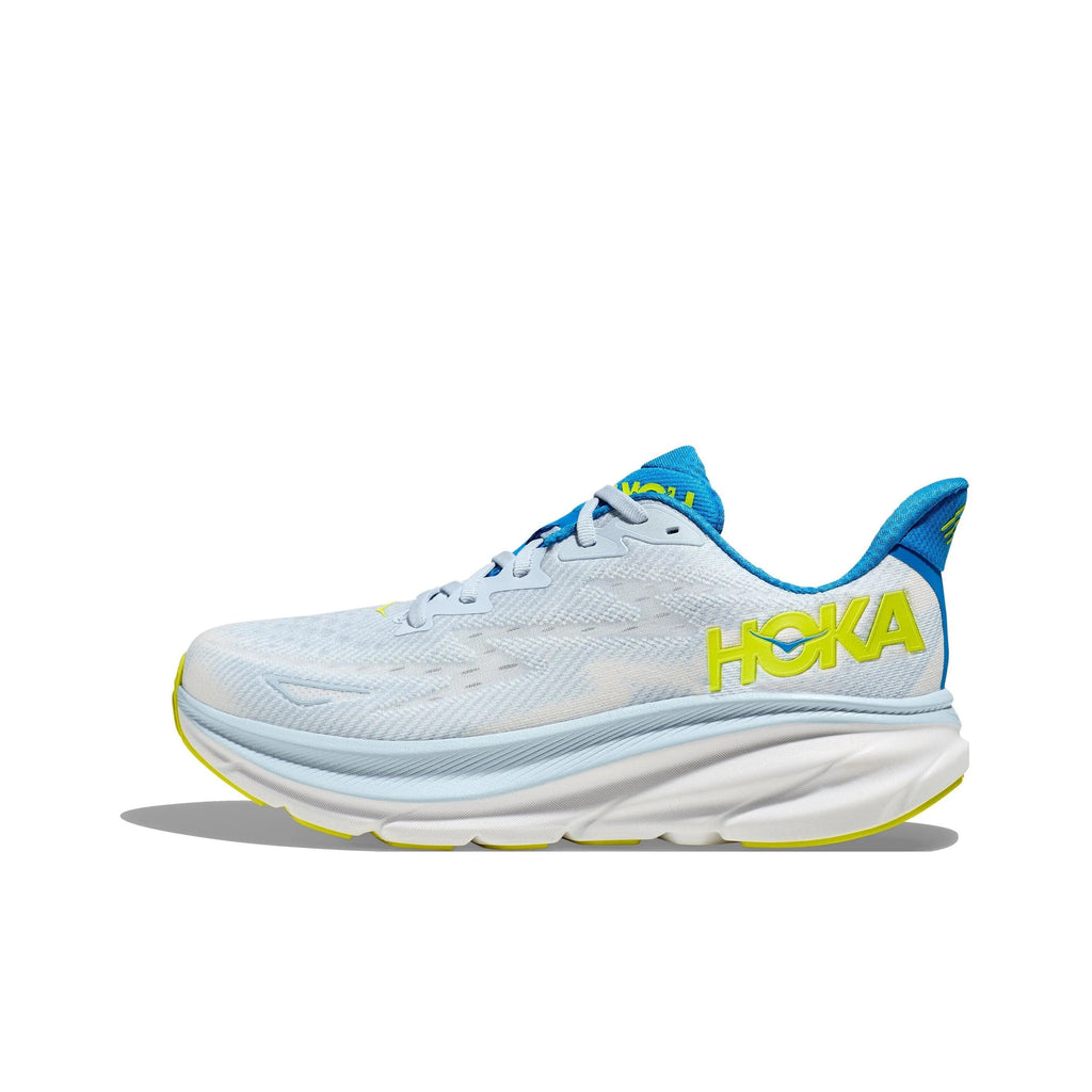 HOKA Clifton 9 Running Shoes, in Pale Blue and Lime - product image from the listing.