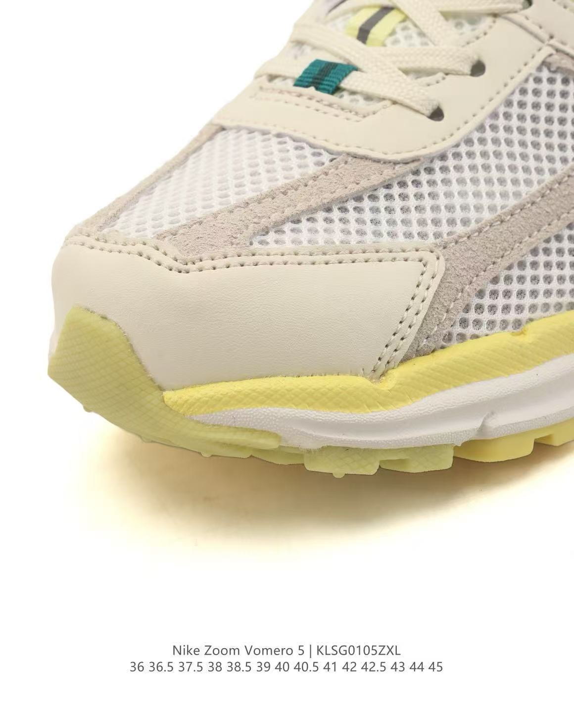 Nike Zoom Vomero 5 Sneakers, in Light Grey and Yellow Green - product image from the listing.