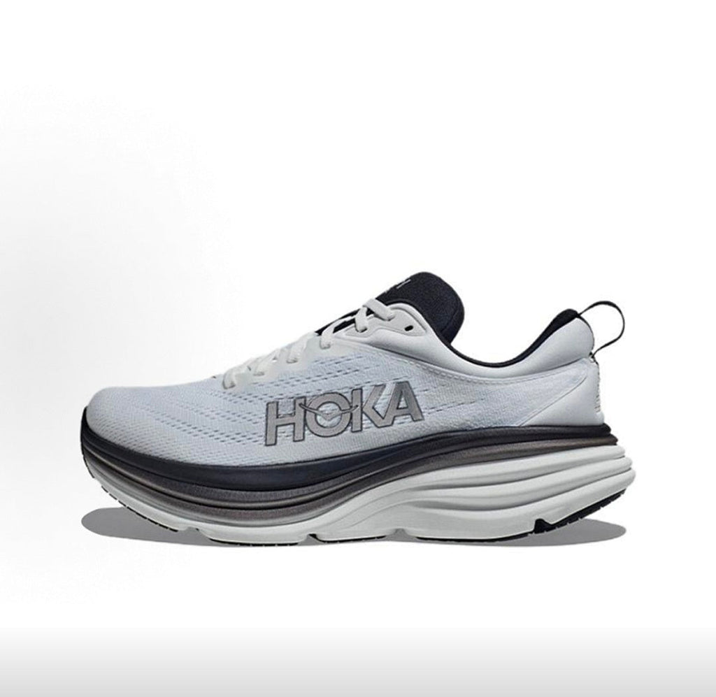 HOKA Bondi 8 Running Shoes in White and Black - product image from the listing.