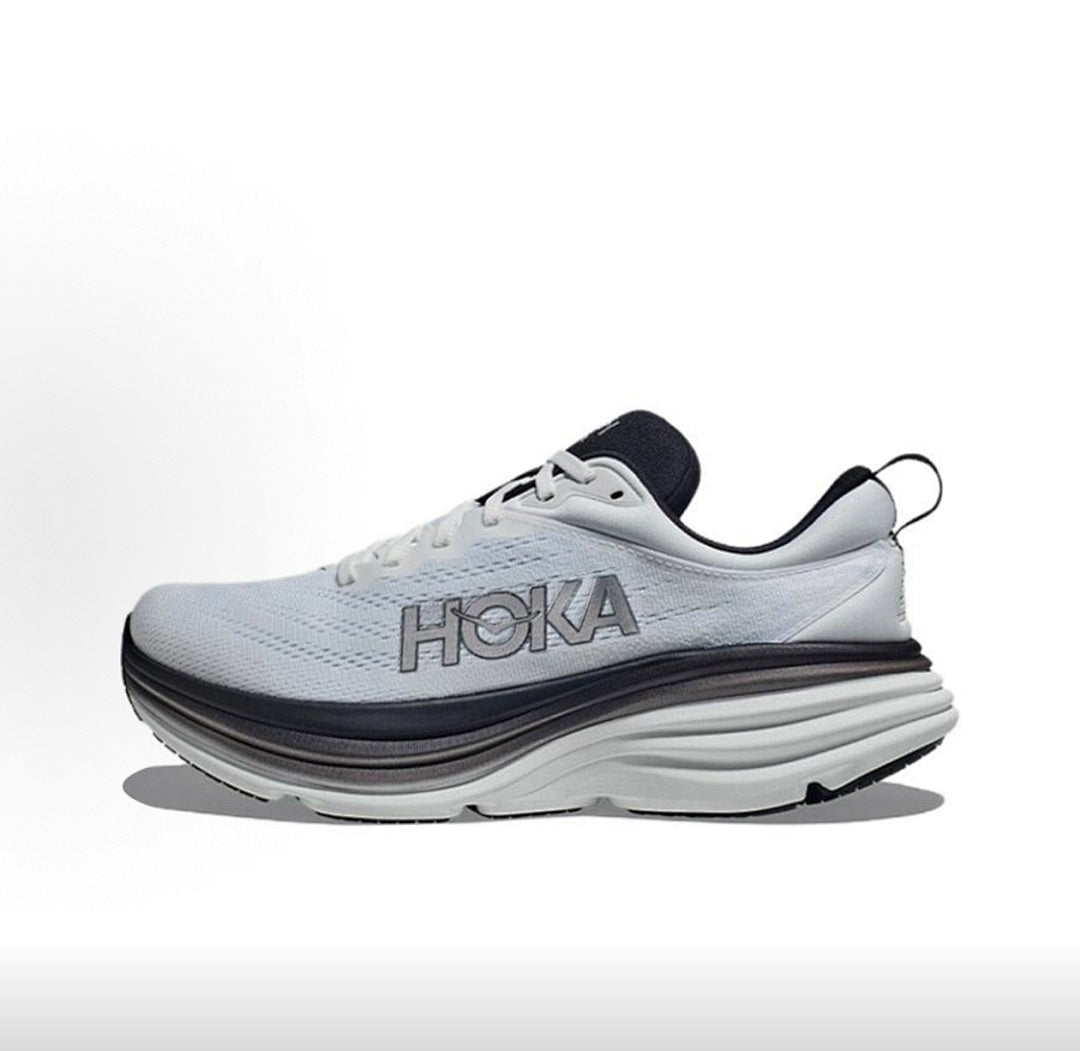 HOKA Bondi 8 Running Shoes in White and Black - product image from the listing.