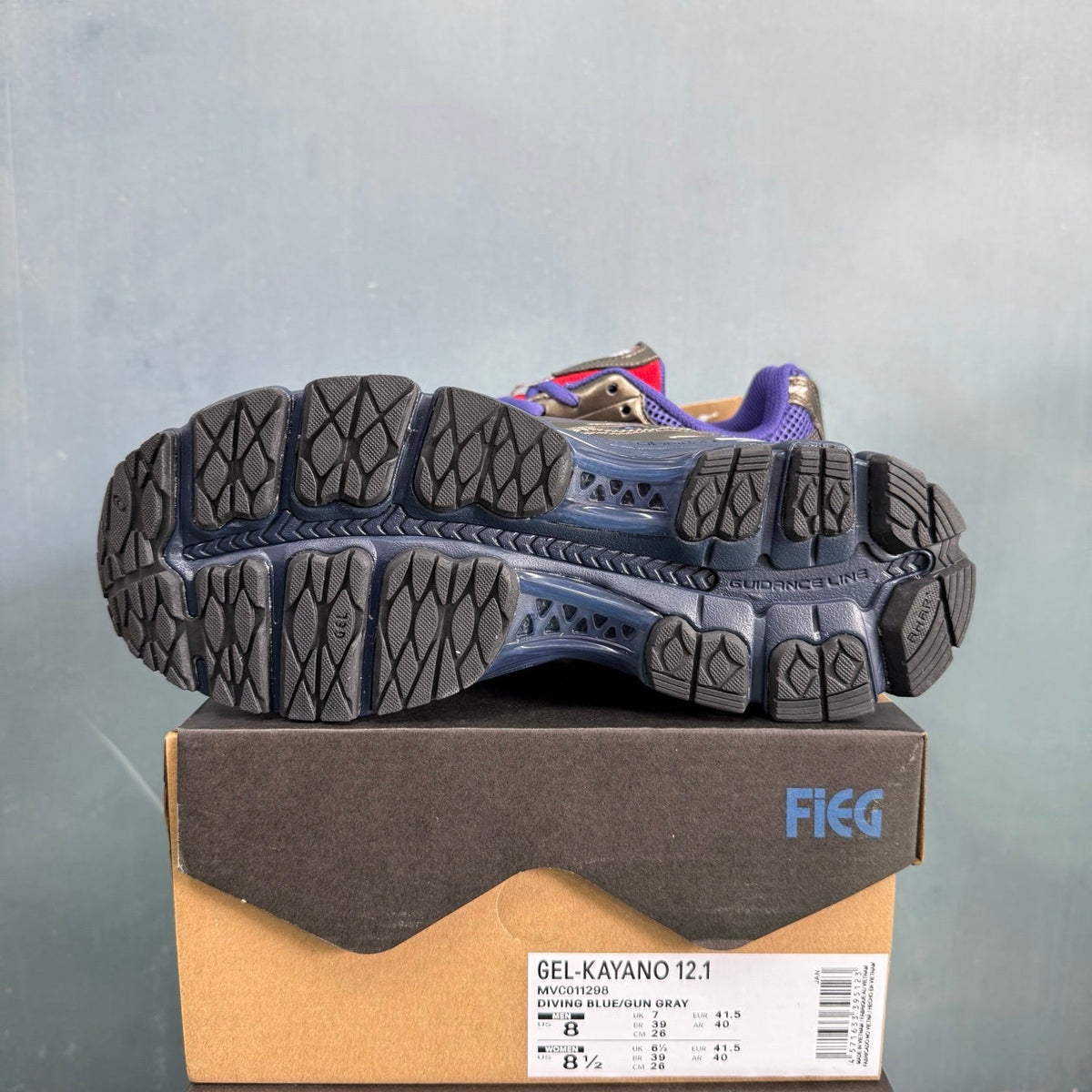 ASICS GEL-KAYANO 12.1 Blue and Gunmetal Trainers - product image from the listing.