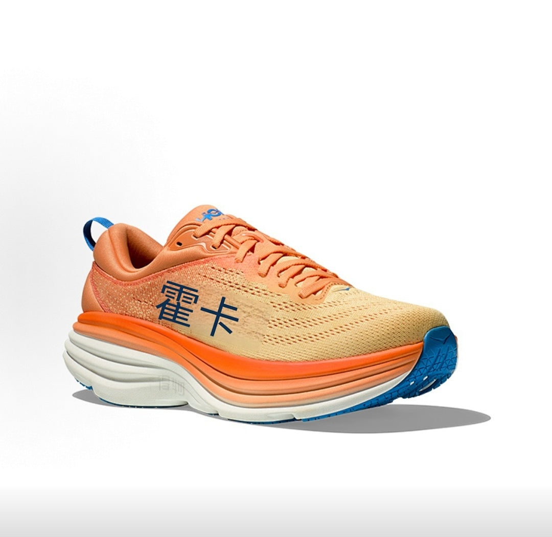 Orange and Blue HOKA Bondi 8 Running Shoes - product image from the listing.